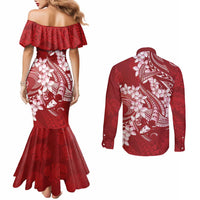 Red Polynesia Hammerhead Shark Tattoo With Plumeria Lei Couples Matching Mermaid Dress and Long Sleeve Button Shirt LT14 - Polynesian Pride