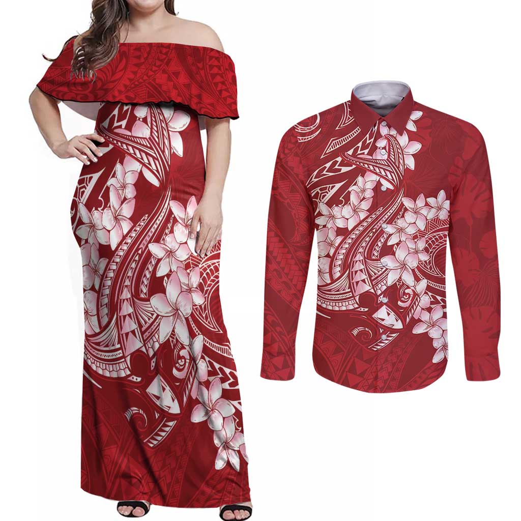 Red Polynesia Hammerhead Shark Tattoo With Plumeria Lei Couples Matching Off Shoulder Maxi Dress and Long Sleeve Button Shirt LT14 Red - Polynesian Pride