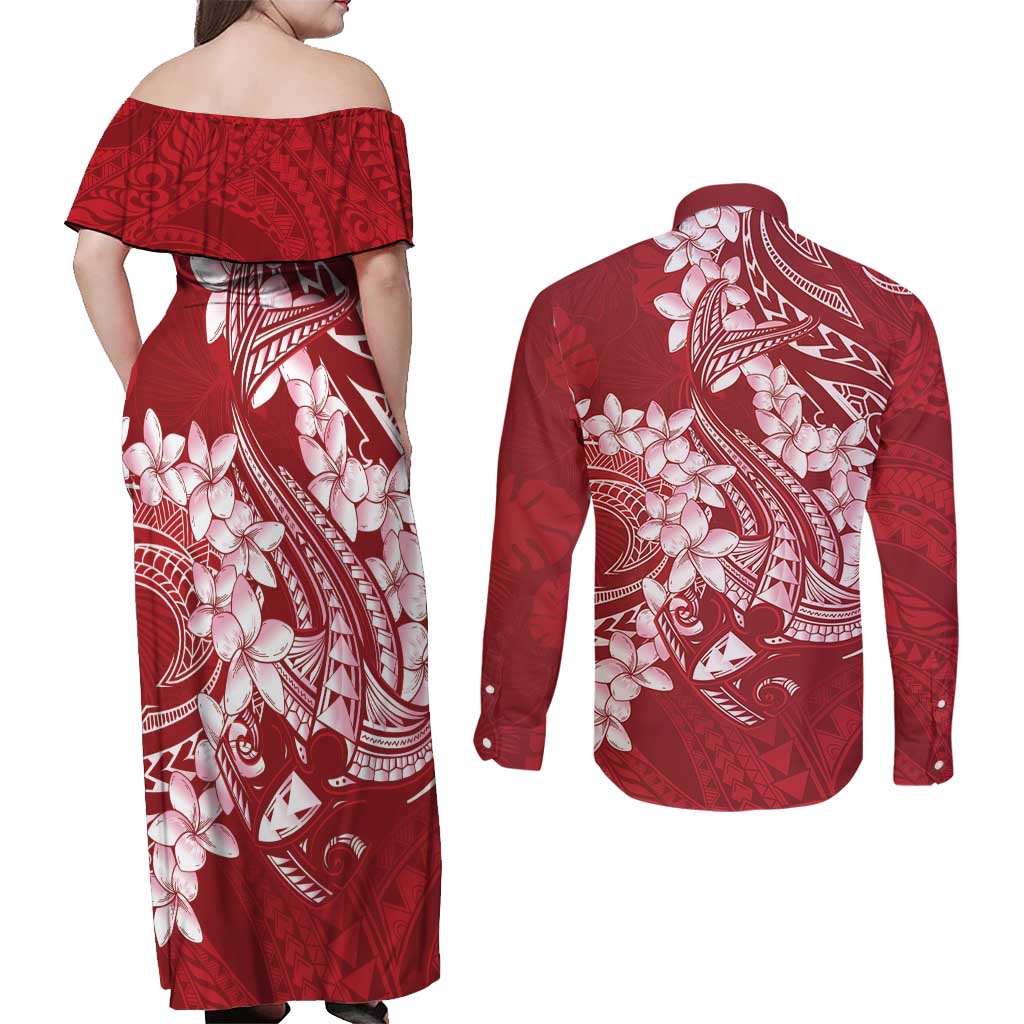 Red Polynesia Hammerhead Shark Tattoo With Plumeria Lei Couples Matching Off Shoulder Maxi Dress and Long Sleeve Button Shirt
