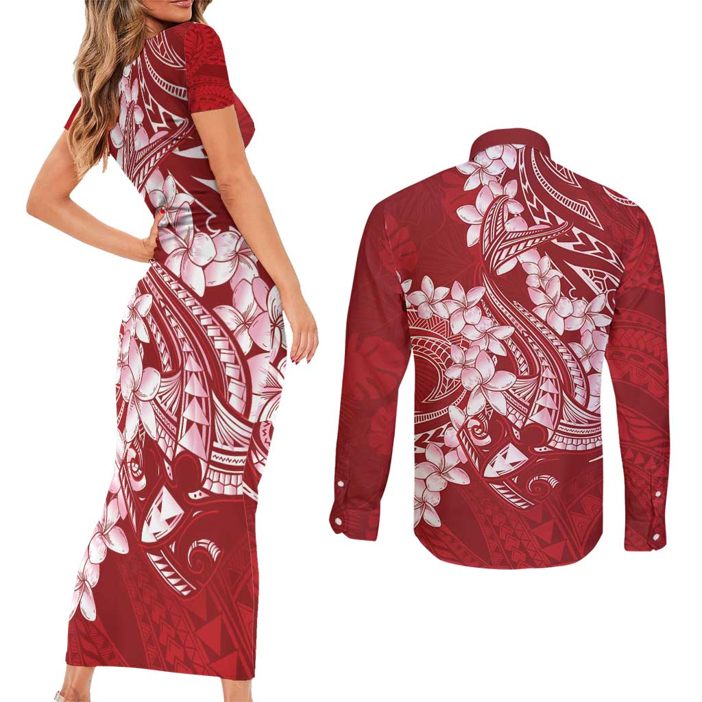 Red Polynesia Hammerhead Shark Tattoo With Plumeria Lei Couples Matching Short Sleeve Bodycon Dress and Long Sleeve Button Shirt LT14 - Polynesian Pride