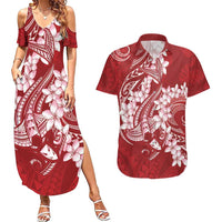 Red Polynesia Hammerhead Shark Tattoo With Plumeria Lei Couples Matching Summer Maxi Dress and Hawaiian Shirt