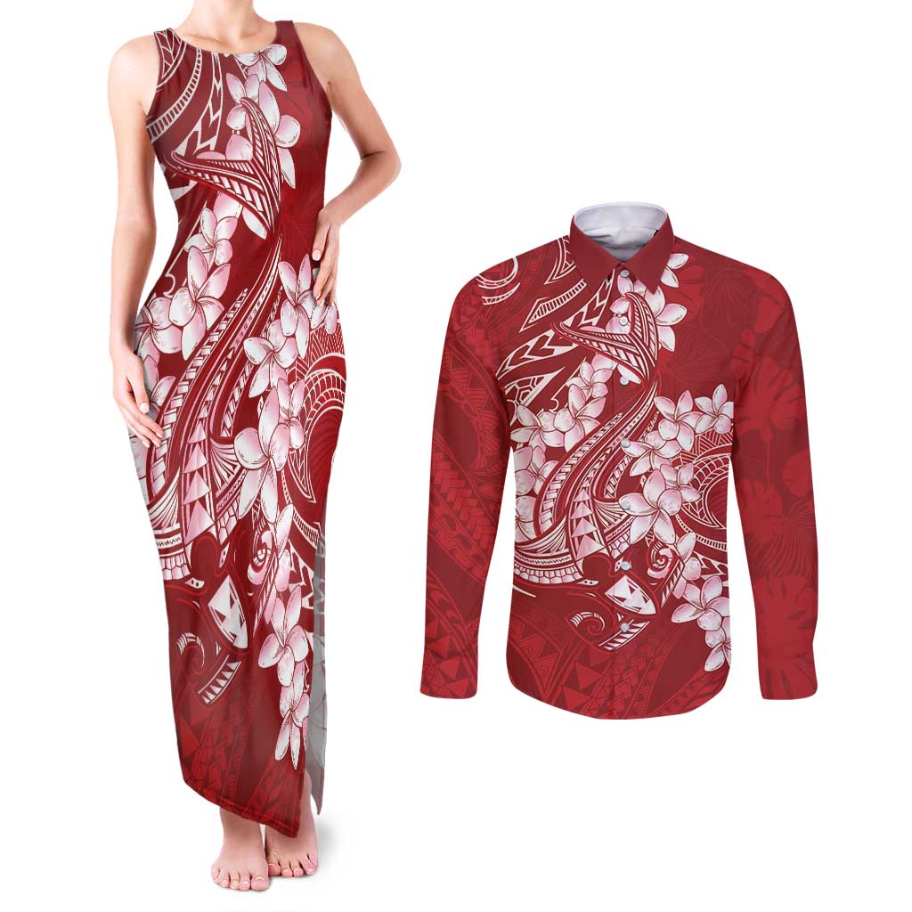 Red Polynesia Hammerhead Shark Tattoo With Plumeria Lei Couples Matching Tank Maxi Dress and Long Sleeve Button Shirt LT14 Red - Polynesian Pride