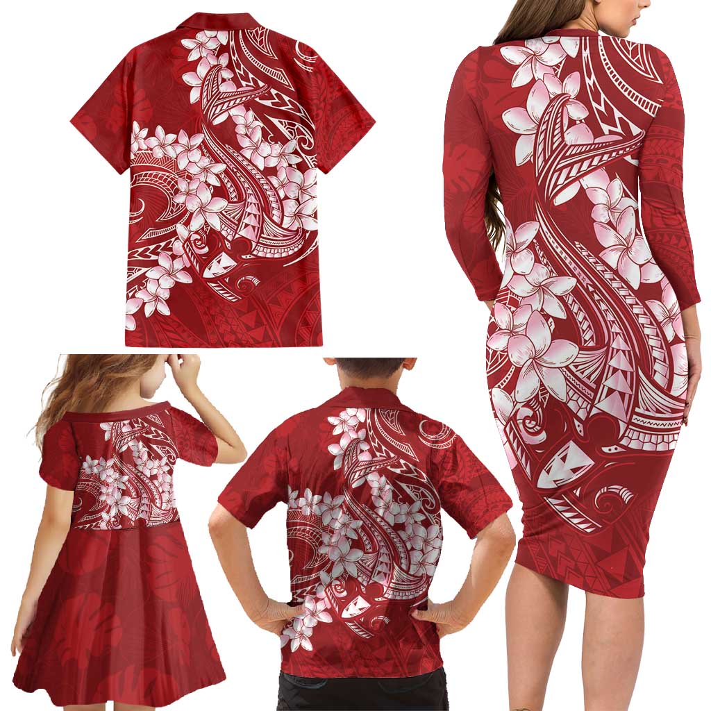 Red Polynesia Hammerhead Shark Tattoo With Plumeria Lei Family Matching Long Sleeve Bodycon Dress and Hawaiian Shirt