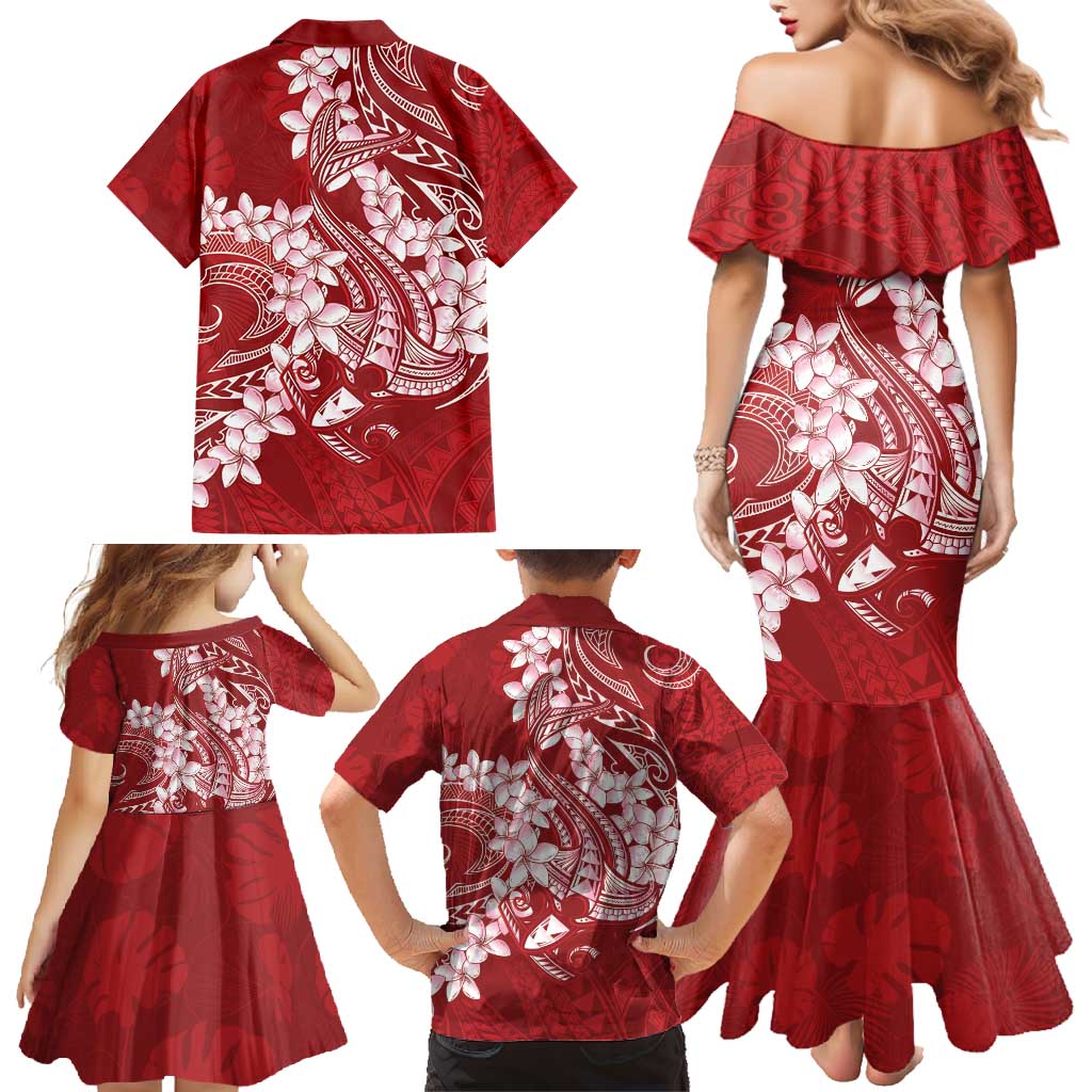 Red Polynesia Hammerhead Shark Tattoo With Plumeria Lei Family Matching Mermaid Dress and Hawaiian Shirt