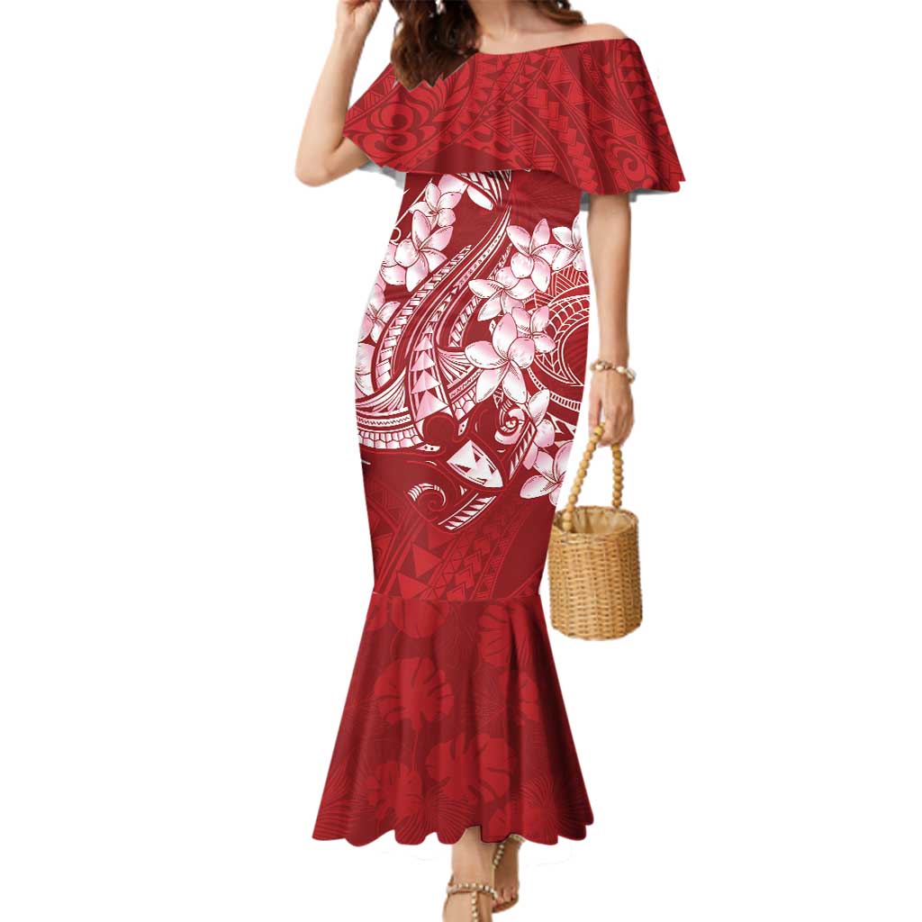 Red Polynesia Hammerhead Shark Tattoo With Plumeria Lei Family Matching Mermaid Dress and Hawaiian Shirt