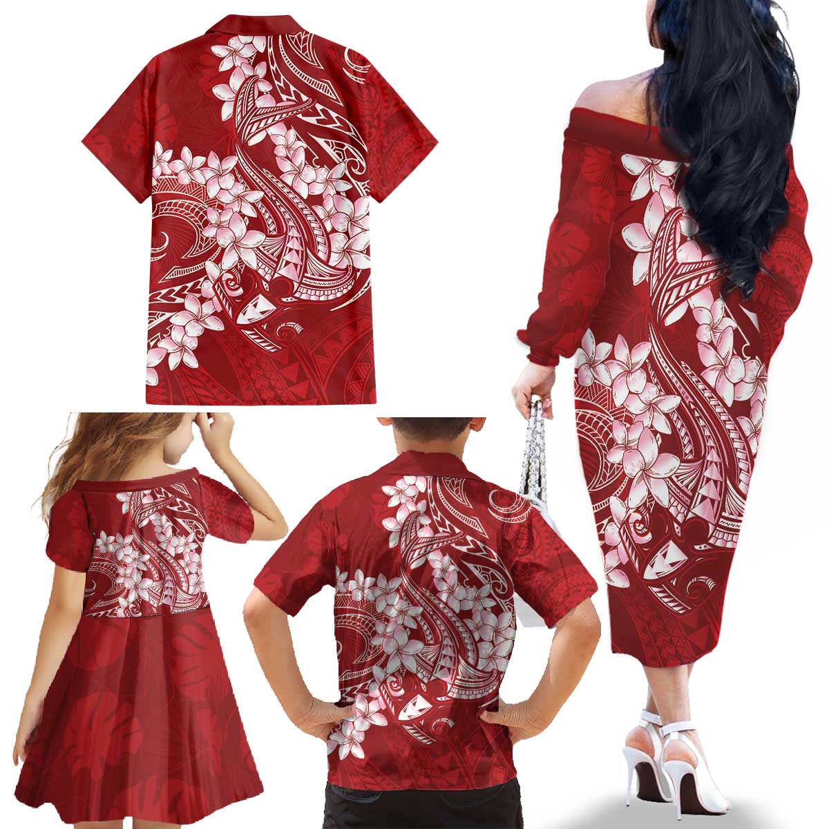 Red Polynesia Hammerhead Shark Tattoo With Plumeria Lei Family Matching Off The Shoulder Long Sleeve Dress and Hawaiian Shirt