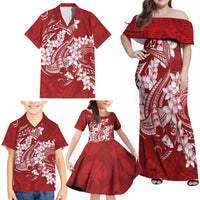 Red Polynesia Hammerhead Shark Tattoo With Plumeria Lei Family Matching Off Shoulder Maxi Dress and Hawaiian Shirt