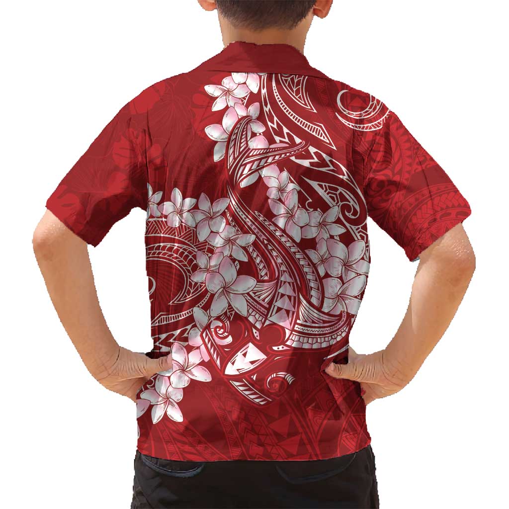 Red Polynesia Hammerhead Shark Tattoo With Plumeria Lei Family Matching Off Shoulder Short Dress and Hawaiian Shirt