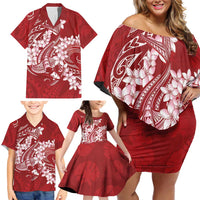 Red Polynesia Hammerhead Shark Tattoo With Plumeria Lei Family Matching Off Shoulder Short Dress and Hawaiian Shirt