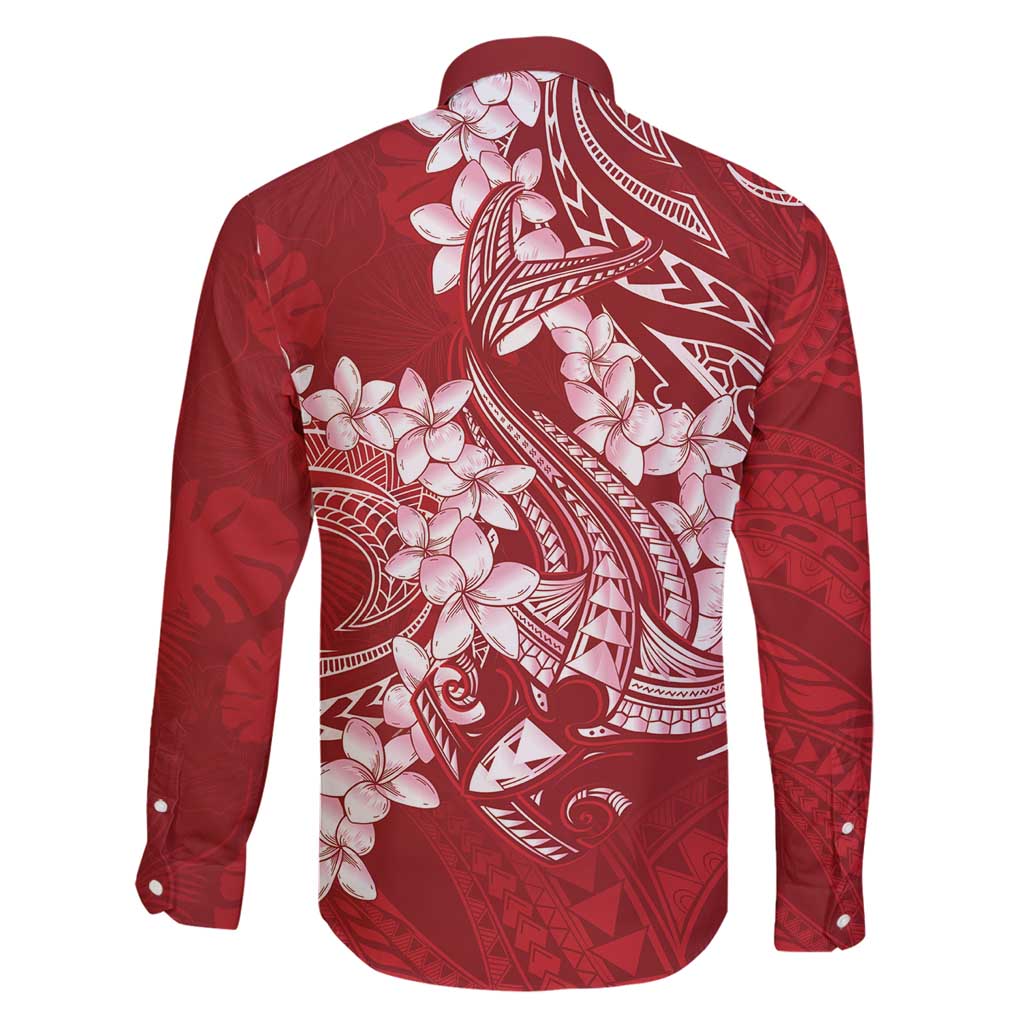 Red Polynesia Hammerhead Shark Tattoo With Plumeria Lei Family Matching Puletasi and Hawaiian Shirt
