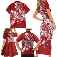 Red Polynesia Hammerhead Shark Tattoo With Plumeria Lei Family Matching Short Sleeve Bodycon Dress and Hawaiian Shirt