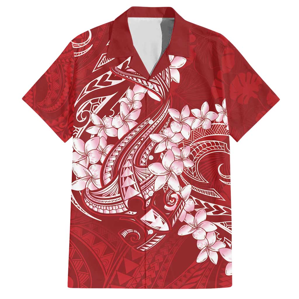 Red Polynesia Hammerhead Shark Tattoo With Plumeria Lei Family Matching Short Sleeve Bodycon Dress and Hawaiian Shirt