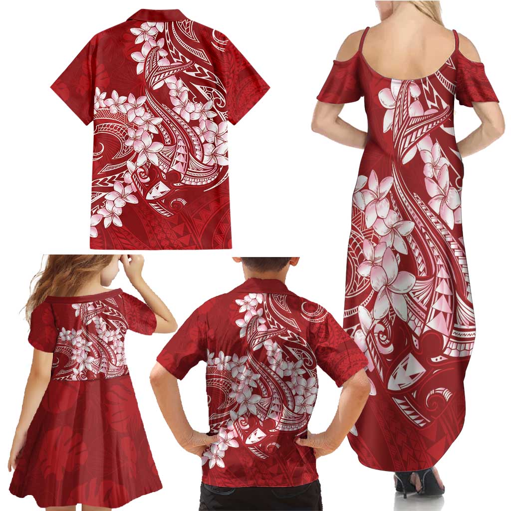 Red Polynesia Hammerhead Shark Tattoo With Plumeria Lei Family Matching Summer Maxi Dress and Hawaiian Shirt