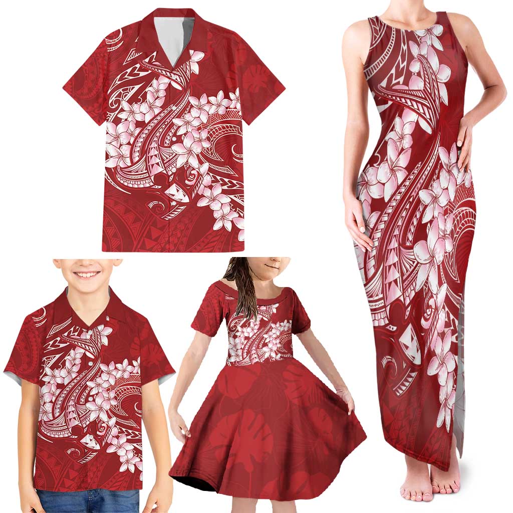 Red Polynesia Hammerhead Shark Tattoo With Plumeria Lei Family Matching Tank Maxi Dress and Hawaiian Shirt