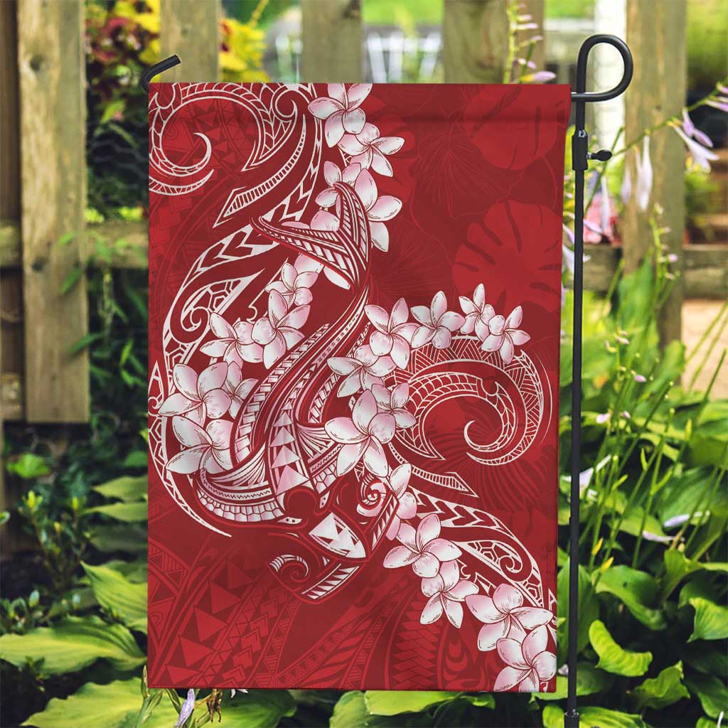 Red Polynesia Hammerhead Shark Tattoo With Plumeria Lei Garden Flag