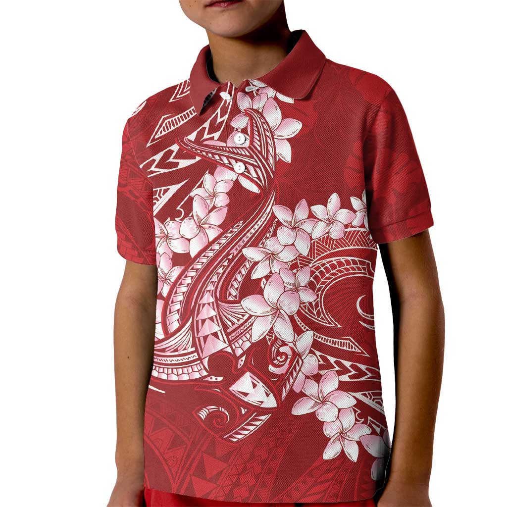 Red Polynesia Hammerhead Shark Tattoo With Plumeria Lei Kid Polo Shirt LT14 Kid Red - Polynesian Pride