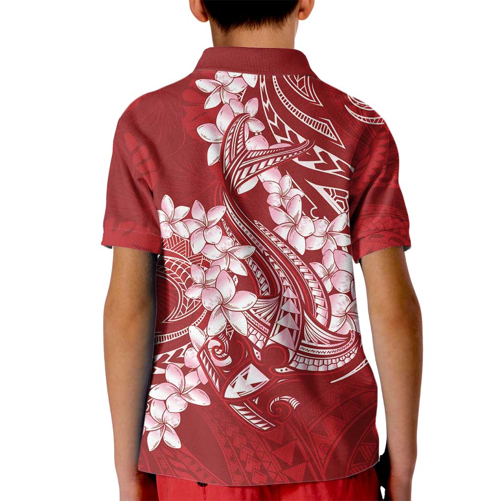 Red Polynesia Hammerhead Shark Tattoo With Plumeria Lei Kid Polo Shirt LT14 - Polynesian Pride