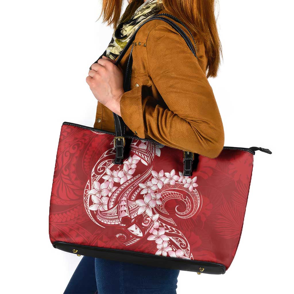 Red Polynesia Hammerhead Shark Tattoo With Plumeria Lei Leather Tote Bag LT14 Red - Polynesian Pride