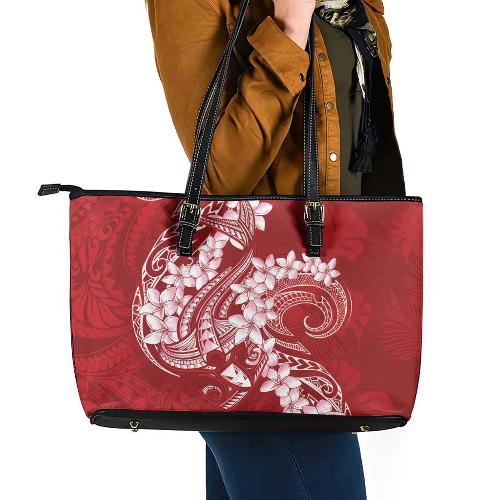 Red Polynesia Hammerhead Shark Tattoo With Plumeria Lei Leather Tote Bag LT14 - Polynesian Pride