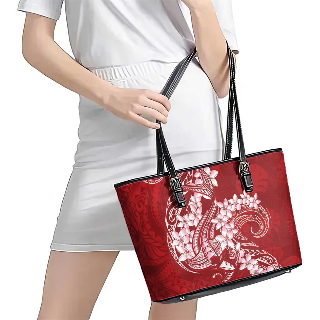 Red Polynesia Hammerhead Shark Tattoo With Plumeria Lei Leather Tote Bag LT14 - Polynesian Pride