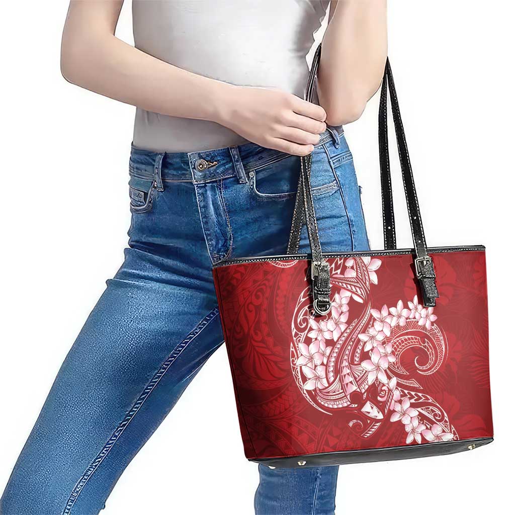 Red Polynesia Hammerhead Shark Tattoo With Plumeria Lei Leather Tote Bag LT14 - Polynesian Pride