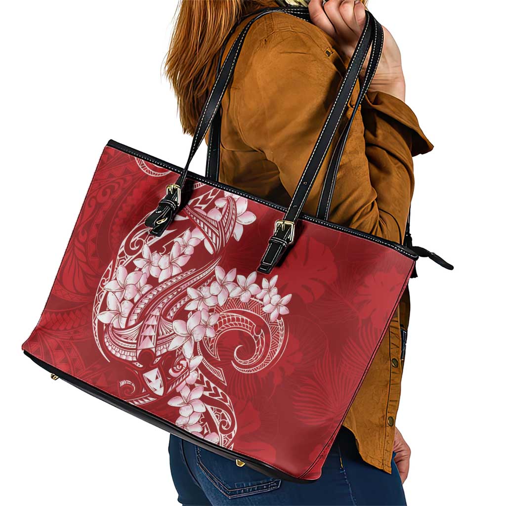 Red Polynesia Hammerhead Shark Tattoo With Plumeria Lei Leather Tote Bag LT14 - Polynesian Pride