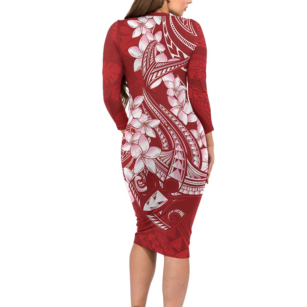 Red Polynesia Hammerhead Shark Tattoo With Plumeria Lei Long Sleeve Bodycon Dress