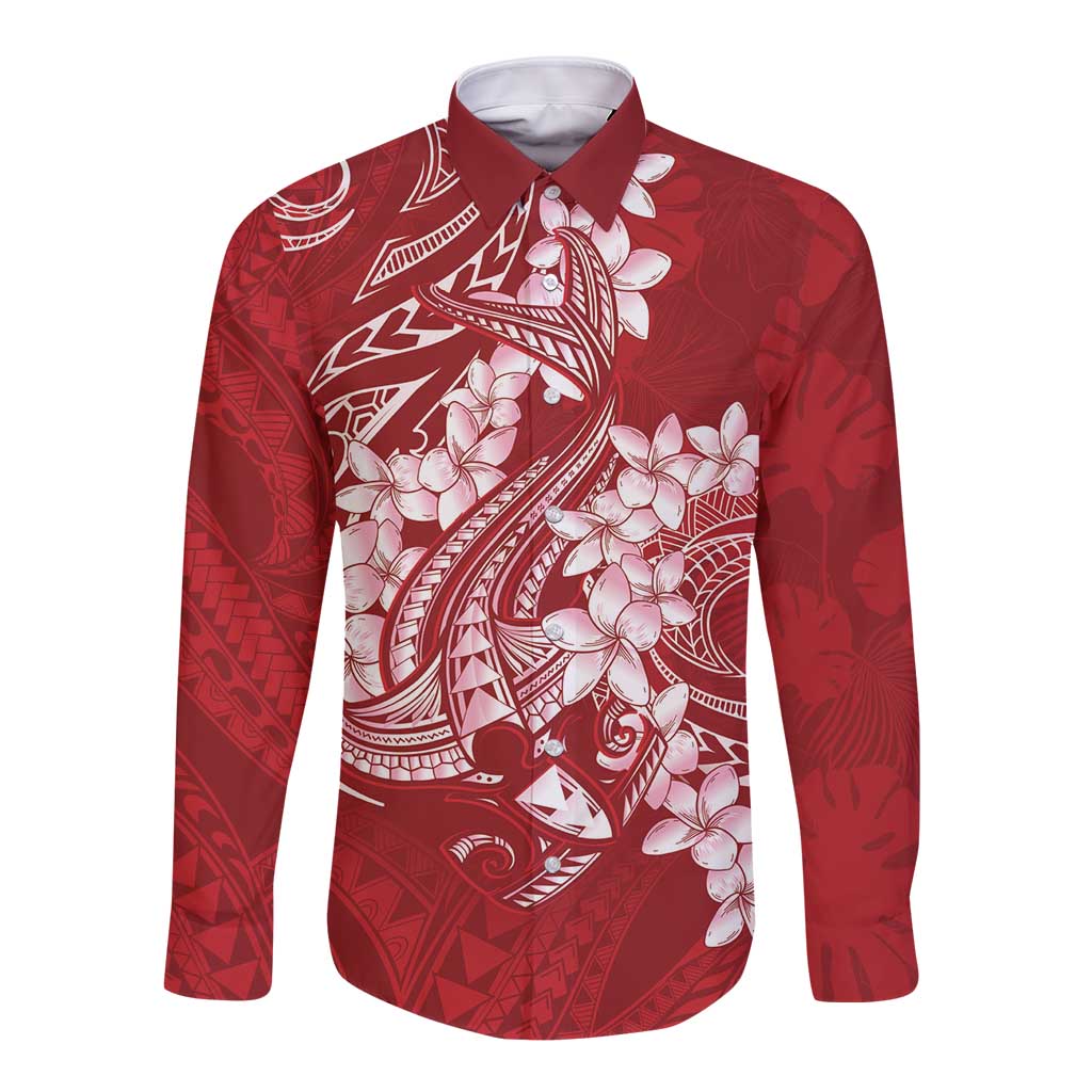 Red Polynesia Hammerhead Shark Tattoo With Plumeria Lei Long Sleeve Button Shirt
