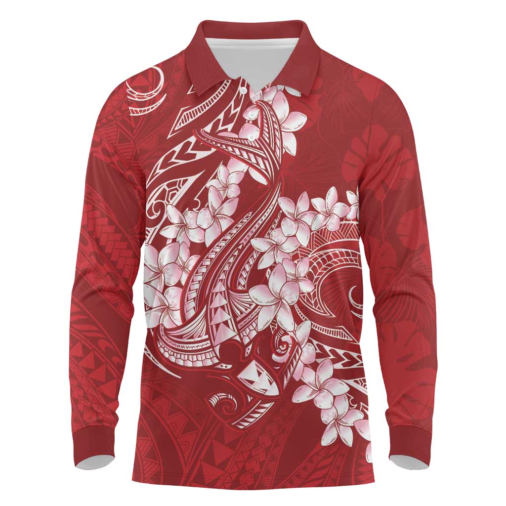 Red Polynesia Hammerhead Shark Tattoo With Plumeria Lei Long Sleeve Polo Shirt LT14 Red - Polynesian Pride