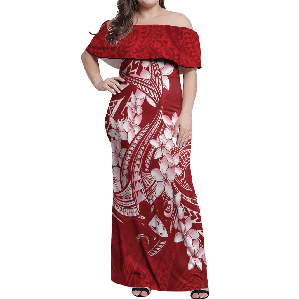 Red Polynesia Hammerhead Shark Tattoo With Plumeria Lei Off Shoulder Maxi Dress