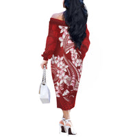 Red Polynesia Hammerhead Shark Tattoo With Plumeria Lei Off The Shoulder Long Sleeve Dress