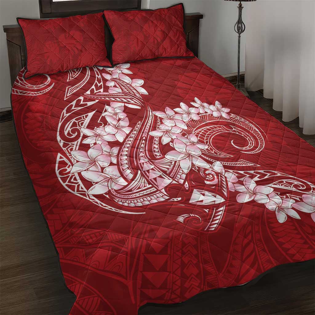 Red Polynesia Hammerhead Shark Tattoo With Plumeria Lei Quilt Bed Set