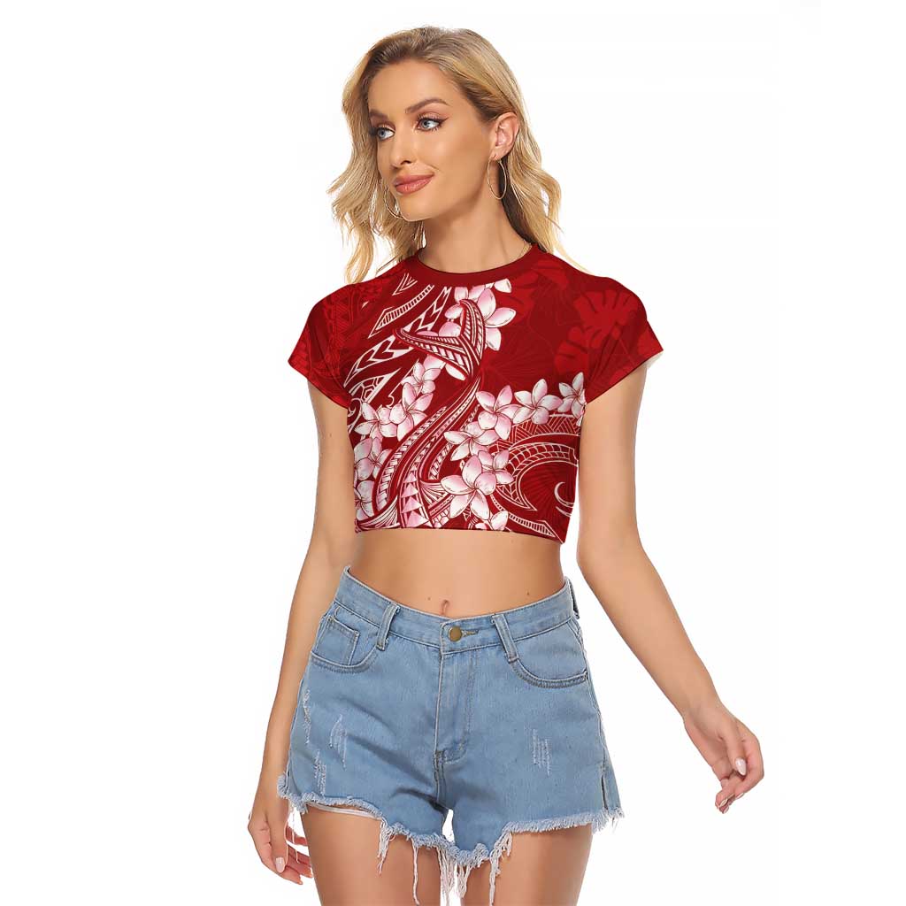 Red Polynesia Hammerhead Shark Tattoo With Plumeria Lei Raglan Cropped T Shirt LT14 Female Red - Polynesian Pride