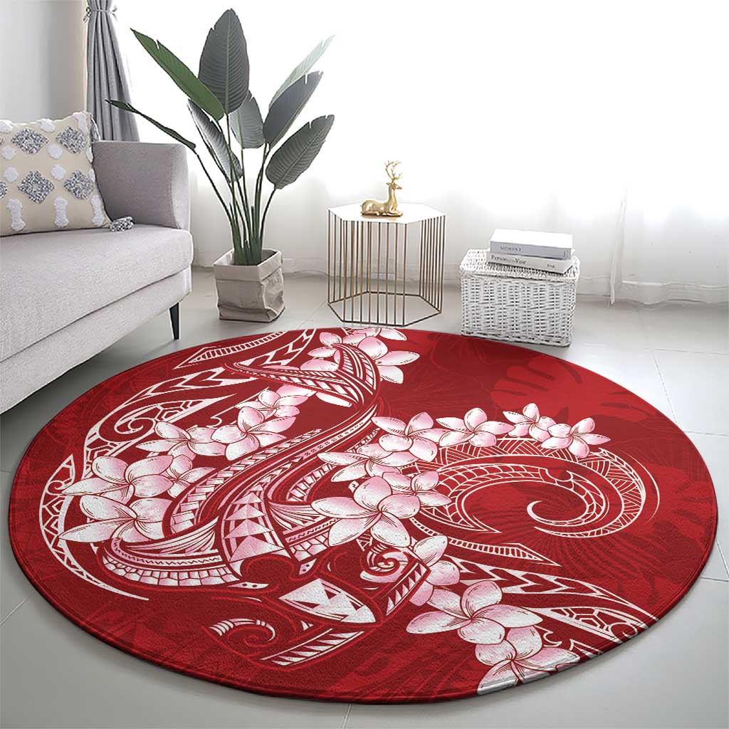Red Polynesia Hammerhead Shark Tattoo With Plumeria Lei Round Carpet