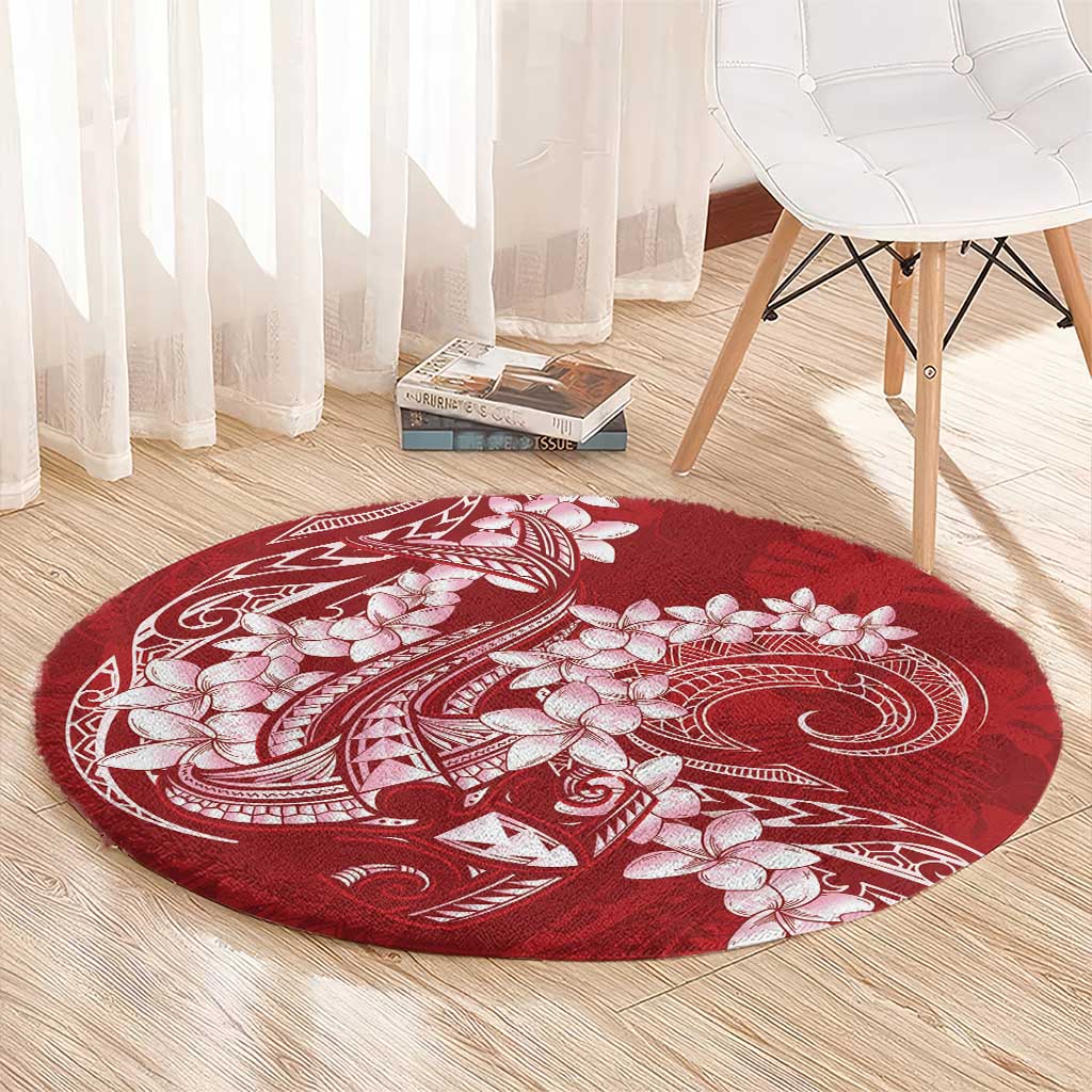 Red Polynesia Hammerhead Shark Tattoo With Plumeria Lei Round Carpet