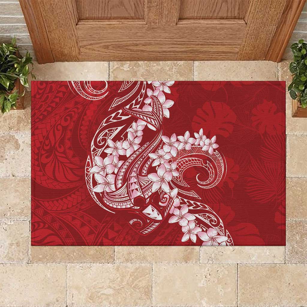 Red Polynesia Hammerhead Shark Tattoo With Plumeria Lei Rubber Doormat LT14 Red - Polynesian Pride