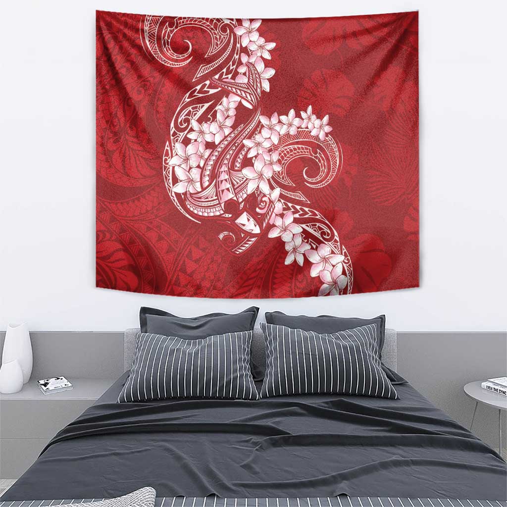 Red Polynesia Hammerhead Shark Tattoo With Plumeria Lei Tapestry