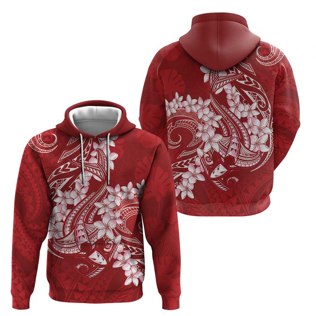 Red Polynesia Hammerhead Shark Tattoo With Plumeria Lei Zip Hoodie