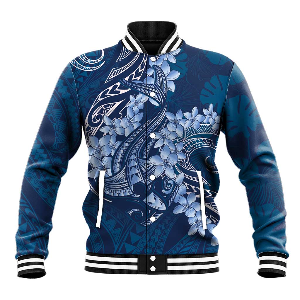 Navy Blue Polynesia Hammerhead Shark Tattoo With Plumeria Lei Baseball Jacket