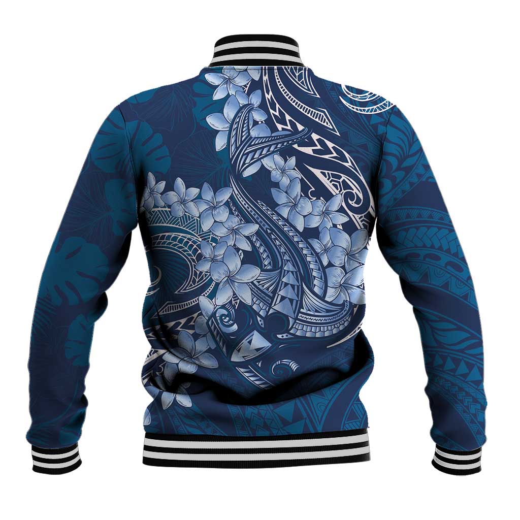 Navy Blue Polynesia Hammerhead Shark Tattoo With Plumeria Lei Baseball Jacket