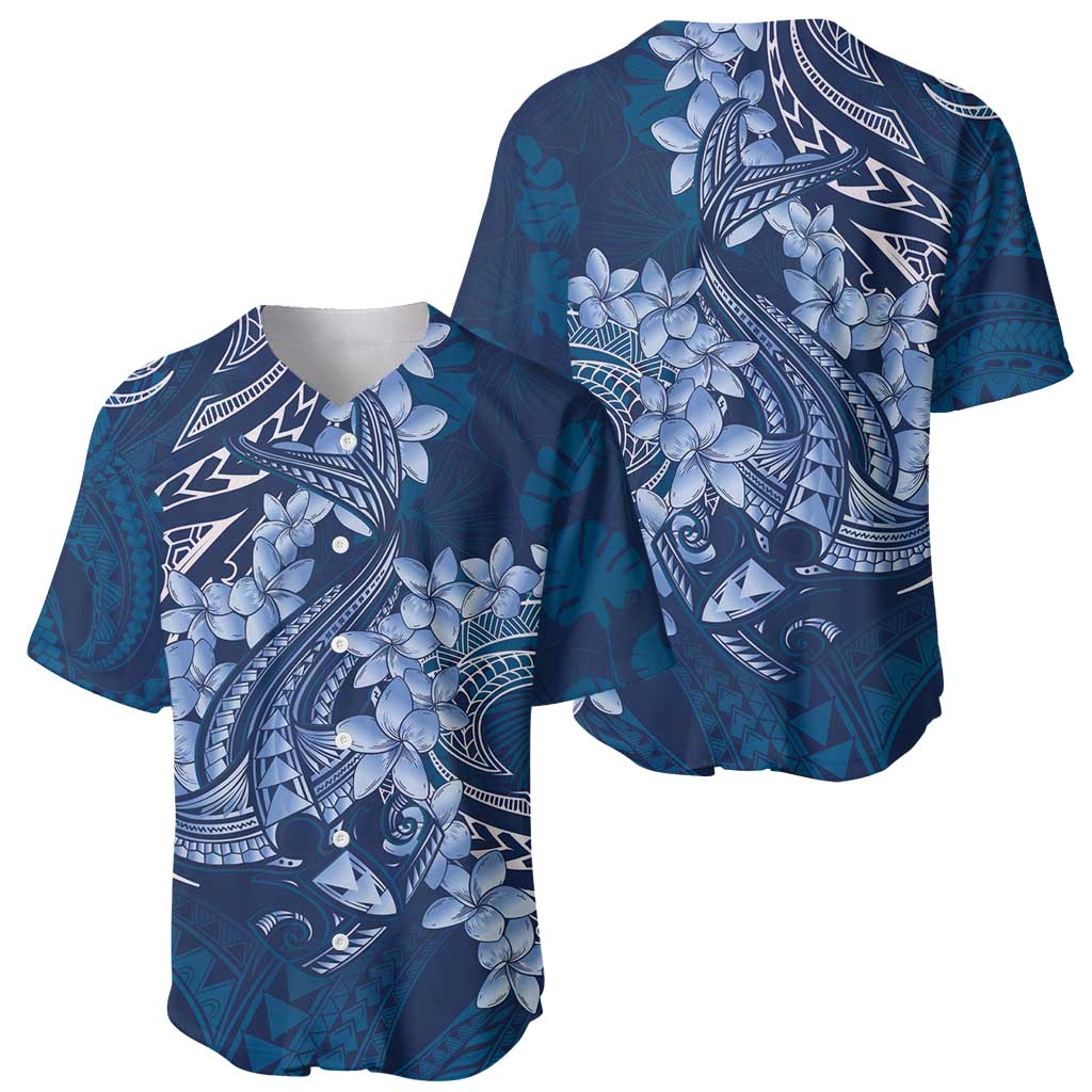 Navy Blue Polynesia Hammerhead Shark Tattoo With Plumeria Lei Baseball Jersey LT14 - Polynesian Pride