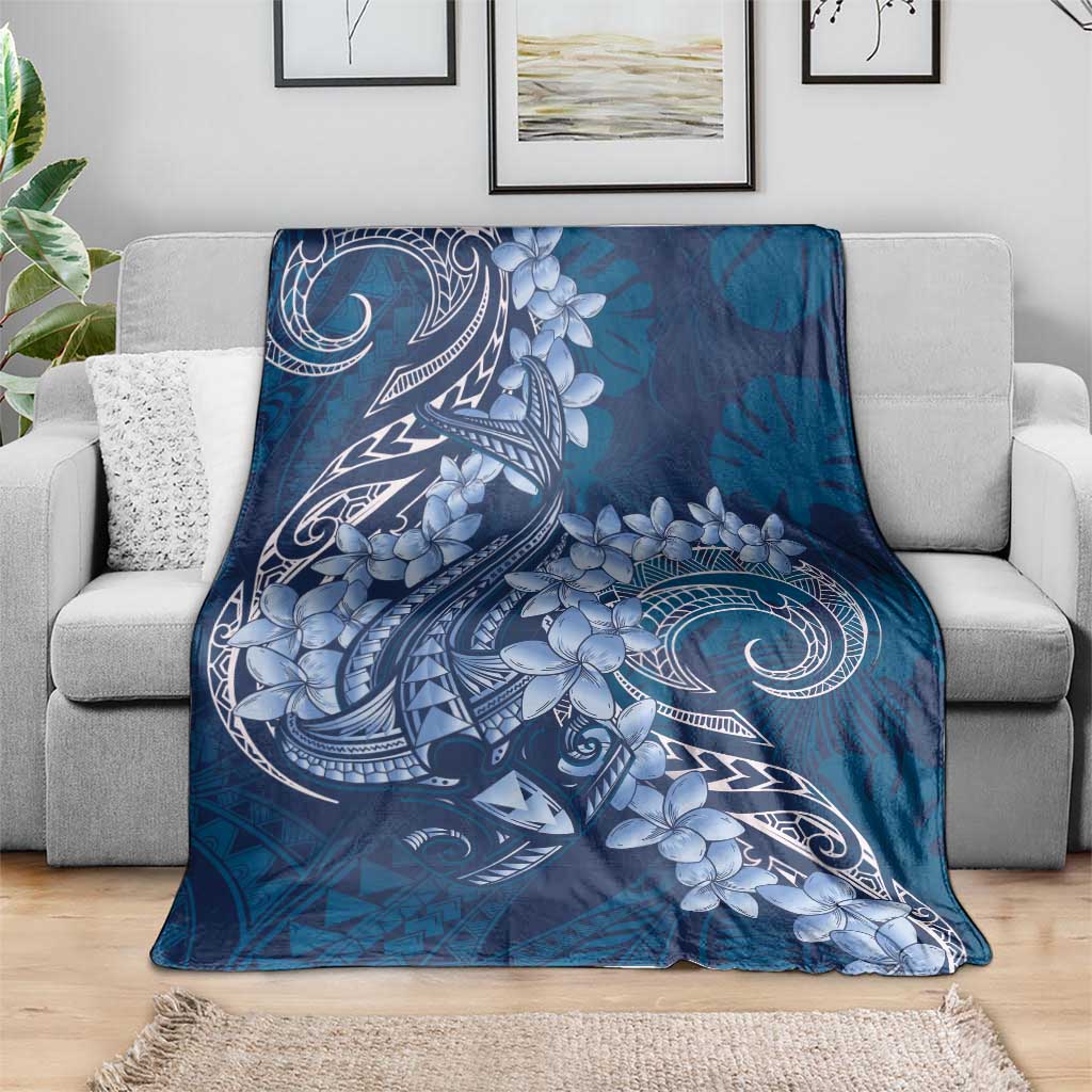 Navy Blue Polynesia Hammerhead Shark Tattoo With Plumeria Lei Blanket