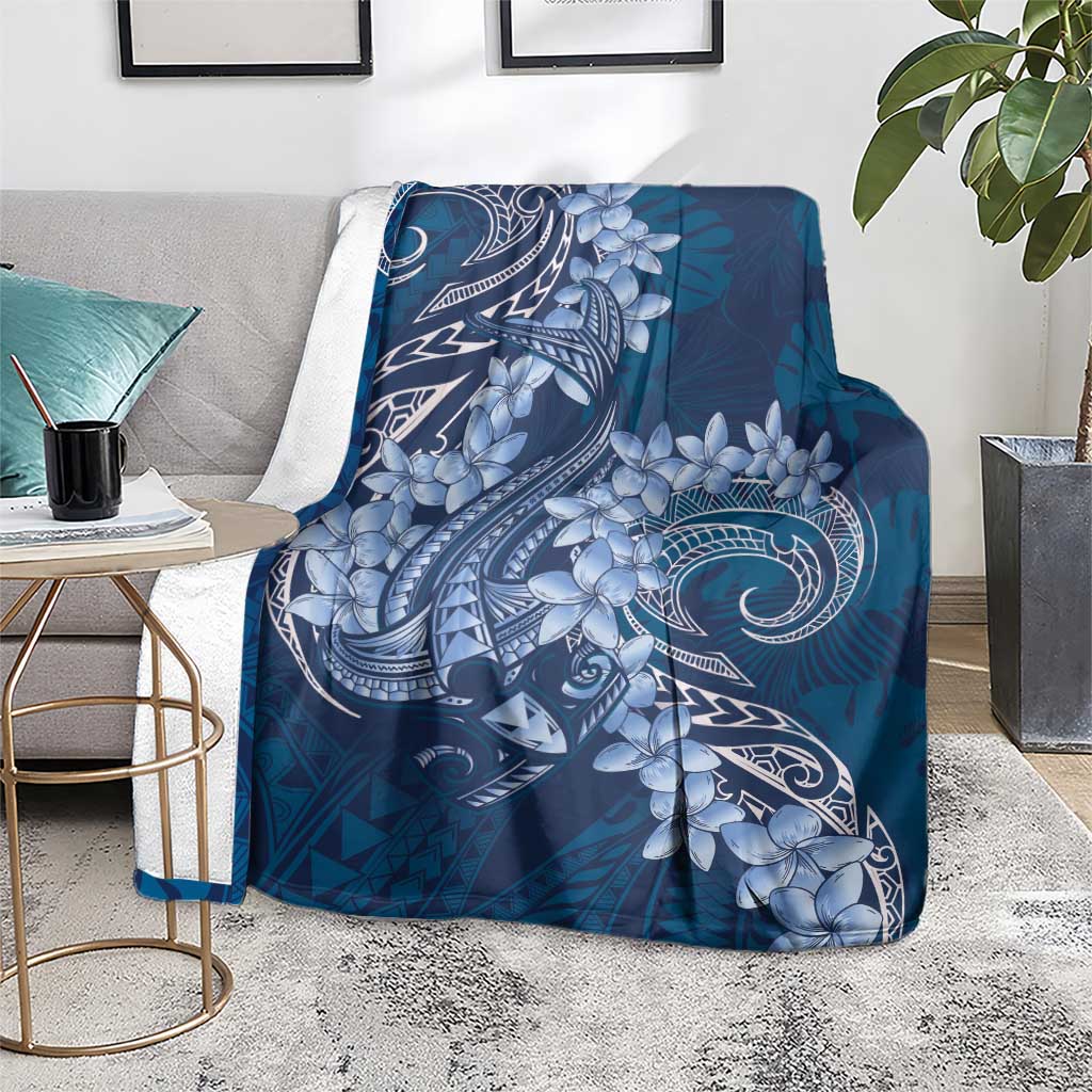 Navy Blue Polynesia Hammerhead Shark Tattoo With Plumeria Lei Blanket