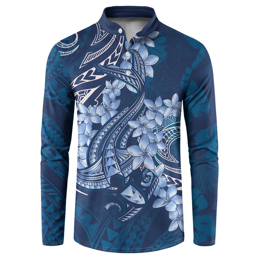 Navy Blue Polynesia Hammerhead Shark Tattoo With Plumeria Lei Button Sweatshirt