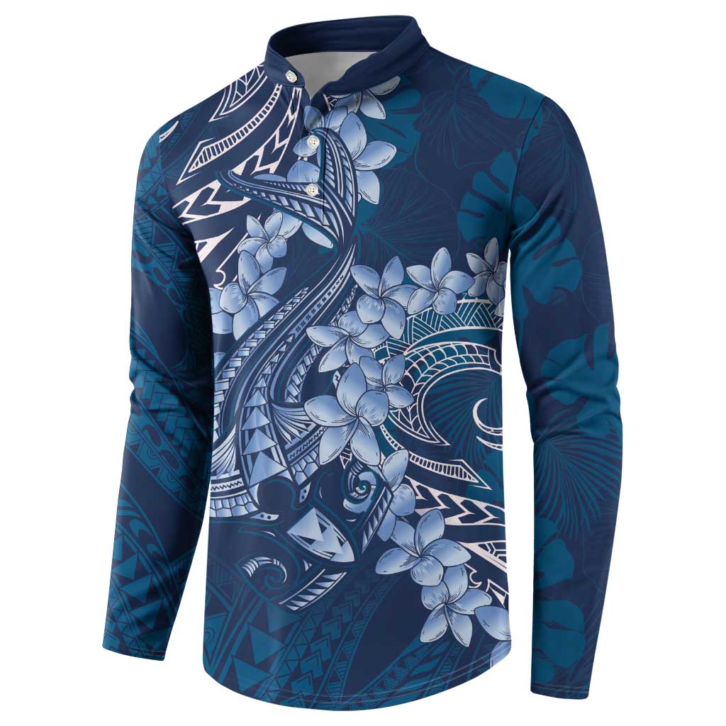 Navy Blue Polynesia Hammerhead Shark Tattoo With Plumeria Lei Button Sweatshirt