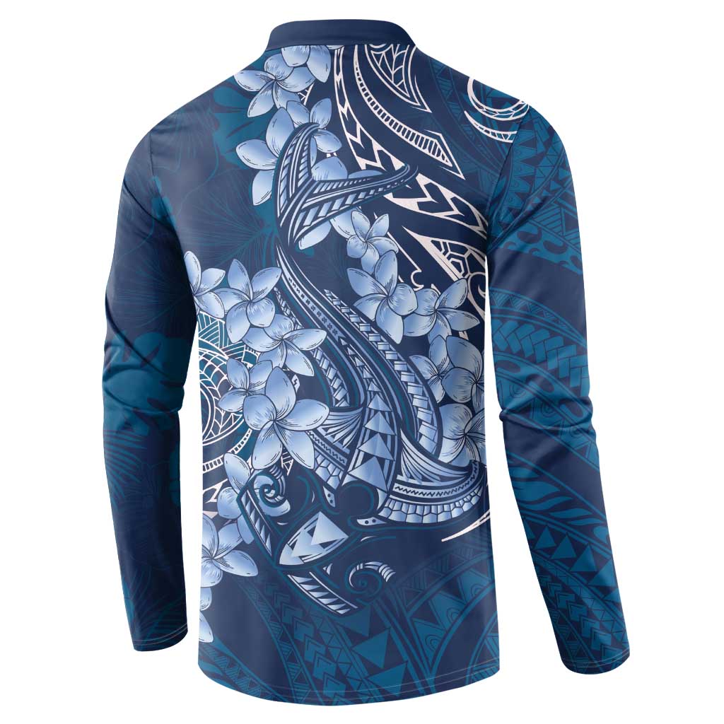 Navy Blue Polynesia Hammerhead Shark Tattoo With Plumeria Lei Button Sweatshirt