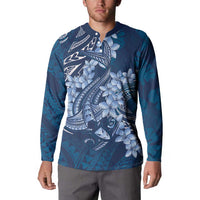Navy Blue Polynesia Hammerhead Shark Tattoo With Plumeria Lei Button Sweatshirt