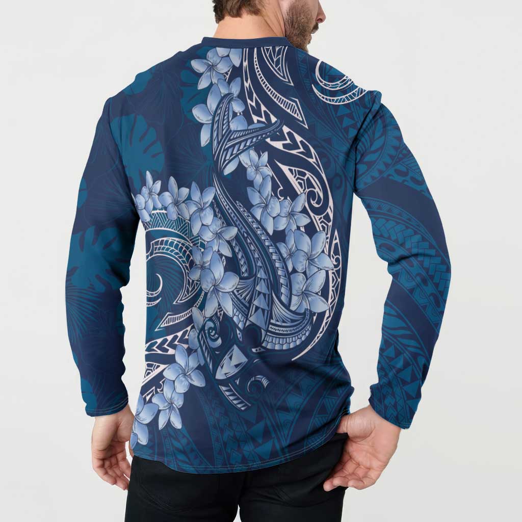 Navy Blue Polynesia Hammerhead Shark Tattoo With Plumeria Lei Button Sweatshirt