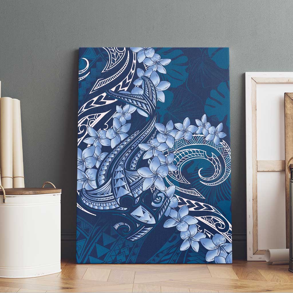 Navy Blue Polynesia Hammerhead Shark Tattoo With Plumeria Lei Canvas Wall Art