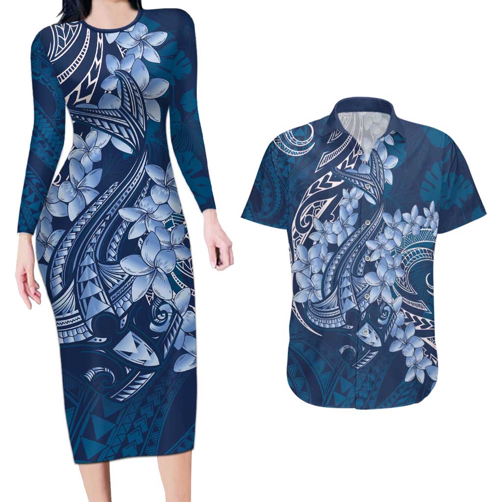 Navy Blue Polynesia Hammerhead Shark Tattoo With Plumeria Lei Couples Matching Long Sleeve Bodycon Dress and Hawaiian Shirt